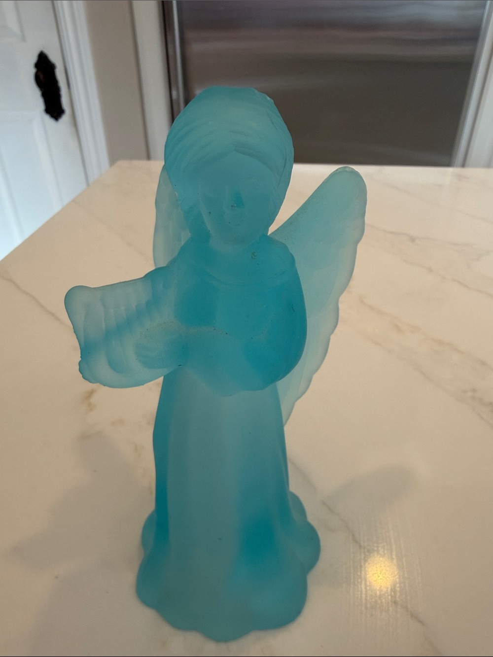 Blue Frosted Glass Angel Figurine 3D Effect made in Taiwan Vintage Holiday Decor